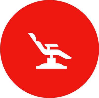 Dental chair icon on red background.