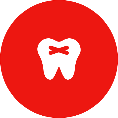 Tooth icon on red circular background.